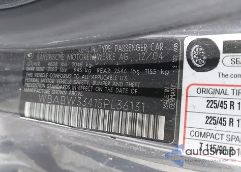 2005 BMW 325Ci z USA, uszkodzony, nr VIN WBABW33415PL36131